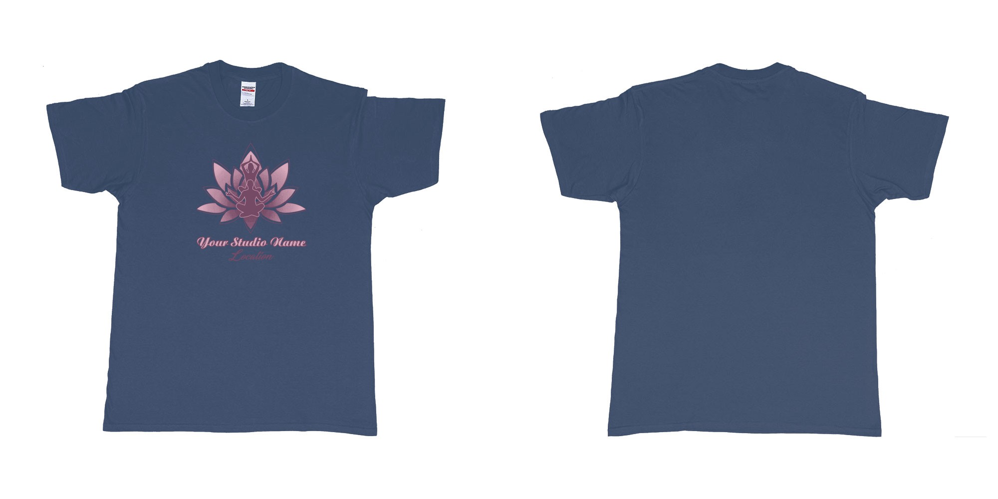 Custom tshirt design yoga meditation lotus own studio t shirt screen printing bali in fabric color navy choice your own text made in Bali by The Pirate Way