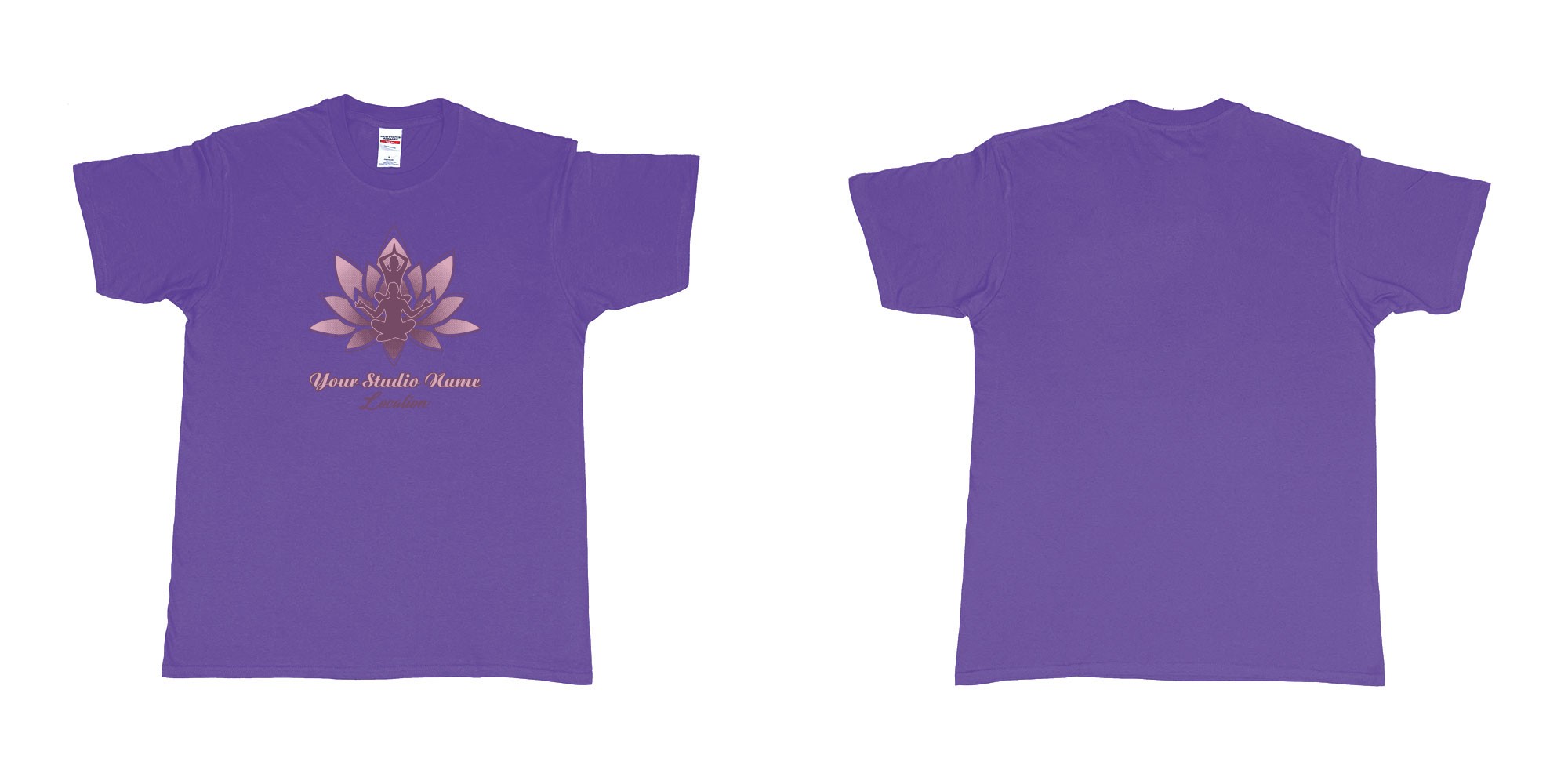 Custom tshirt design yoga meditation lotus own studio t shirt screen printing bali in fabric color purple choice your own text made in Bali by The Pirate Way