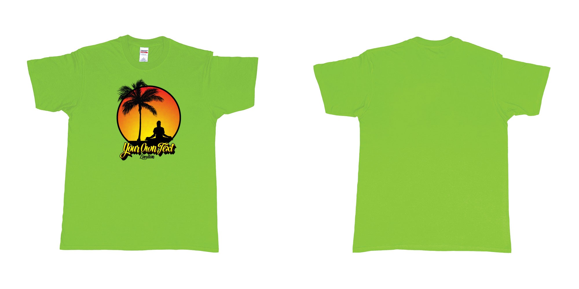 Custom tshirt design yoga palmtree sunset halftone your own text location screen printing bali in fabric color lime choice your own text made in Bali by The Pirate Way