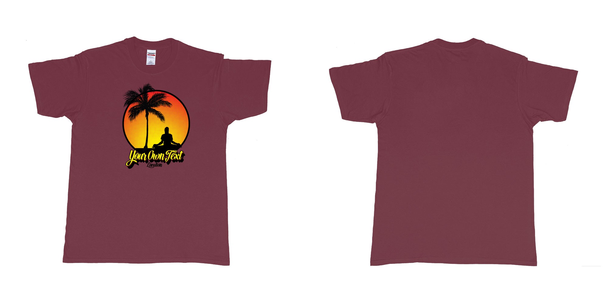 Custom tshirt design yoga palmtree sunset halftone your own text location screen printing bali in fabric color marron choice your own text made in Bali by The Pirate Way