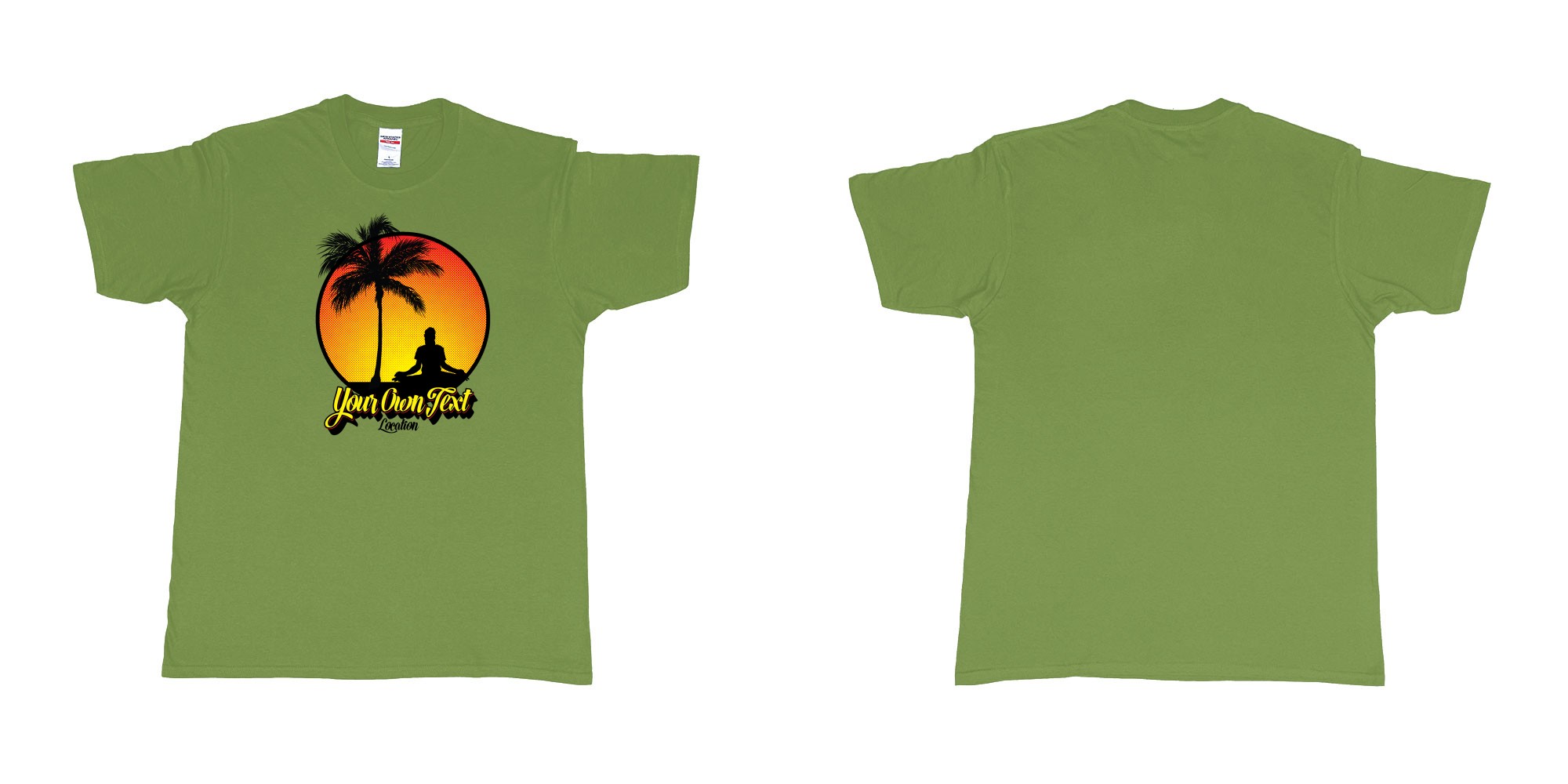 Custom tshirt design yoga palmtree sunset halftone your own text location screen printing bali in fabric color military-green choice your own text made in Bali by The Pirate Way