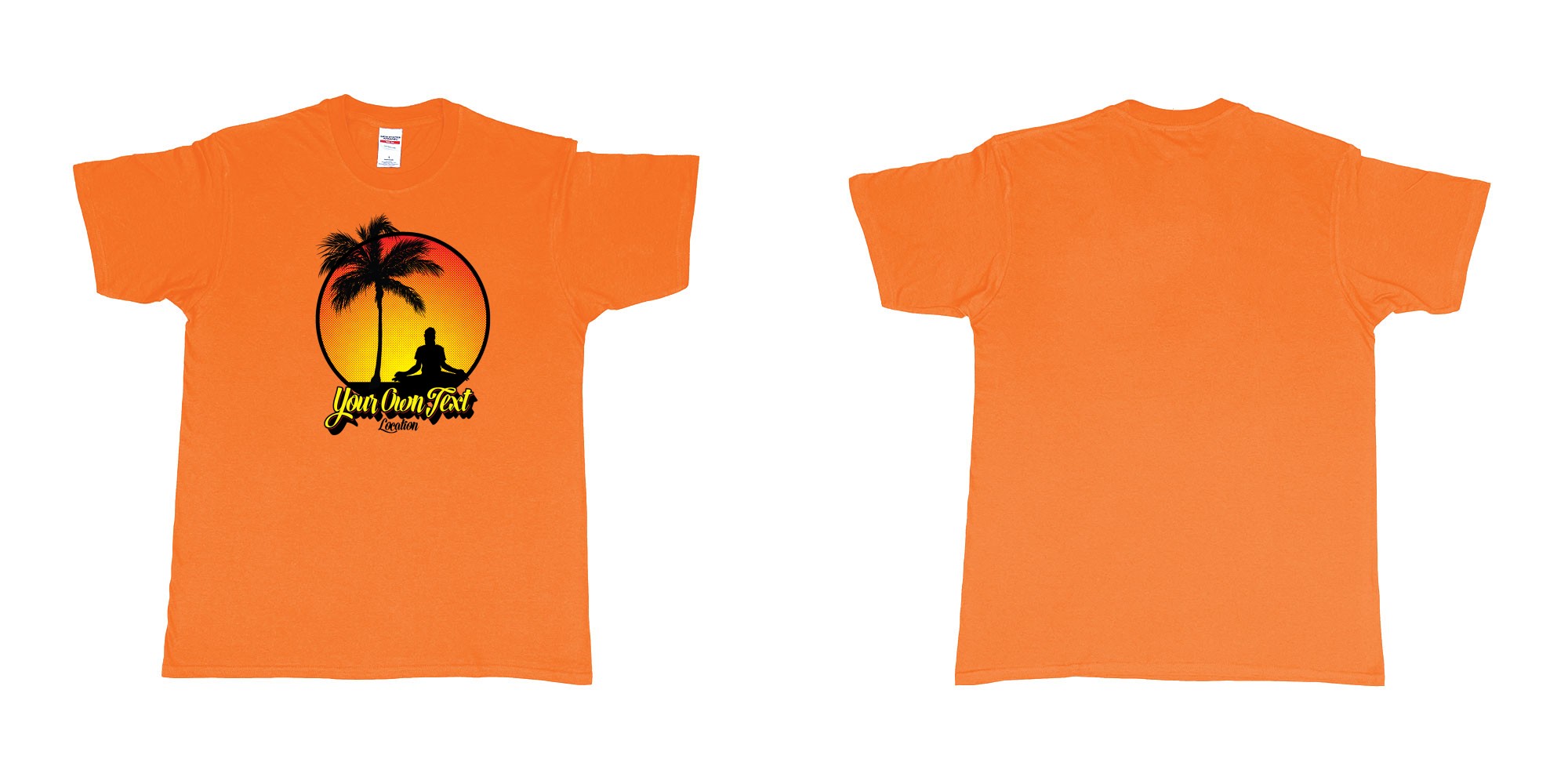 Custom tshirt design yoga palmtree sunset halftone your own text location screen printing bali in fabric color orange choice your own text made in Bali by The Pirate Way
