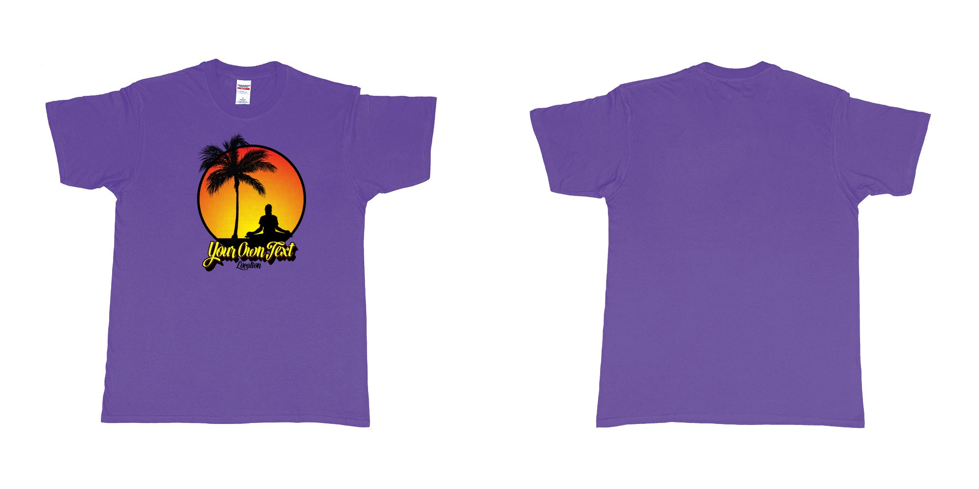 Custom tshirt design yoga palmtree sunset halftone your own text location screen printing bali in fabric color purple choice your own text made in Bali by The Pirate Way