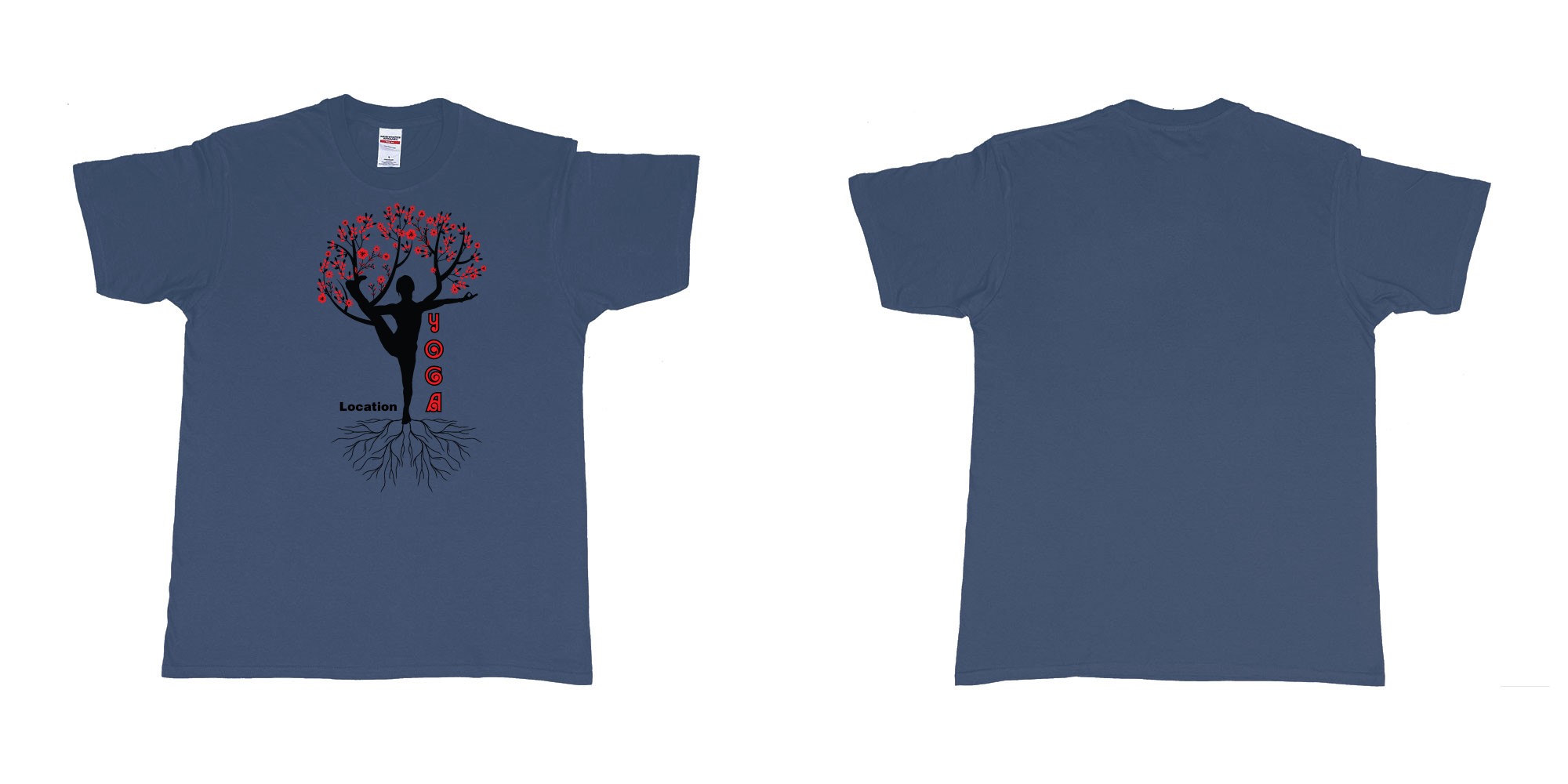 Custom tshirt design yoga tree of life is blooming own logo location design in fabric color navy choice your own text made in Bali by The Pirate Way