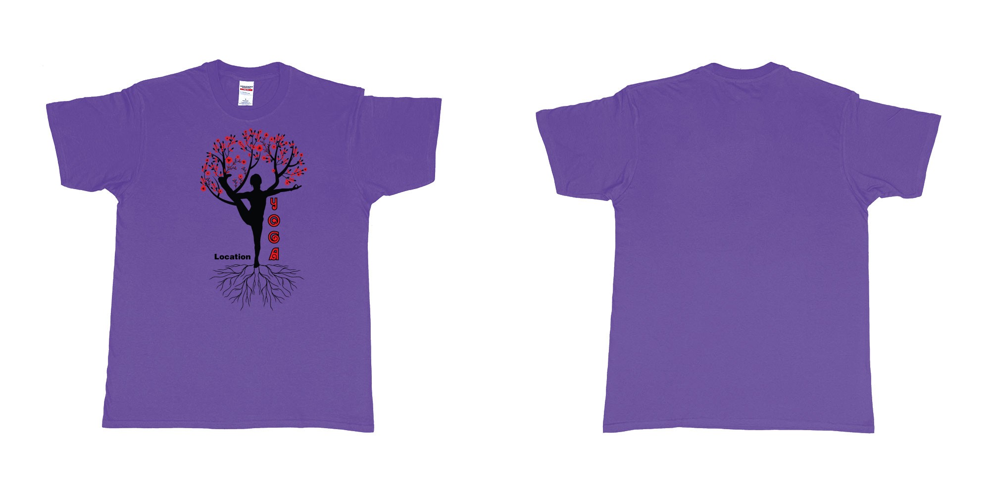 Custom tshirt design yoga tree of life is blooming own logo location design in fabric color purple choice your own text made in Bali by The Pirate Way