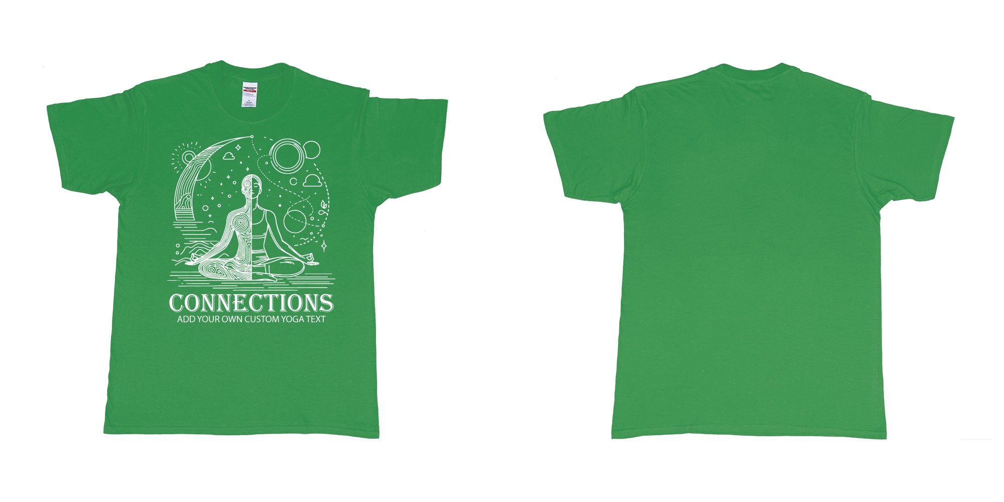 Custom tshirt design yogo connections human moon stars custom bali tshirt printing in fabric color irish-green choice your own text made in Bali by The Pirate Way