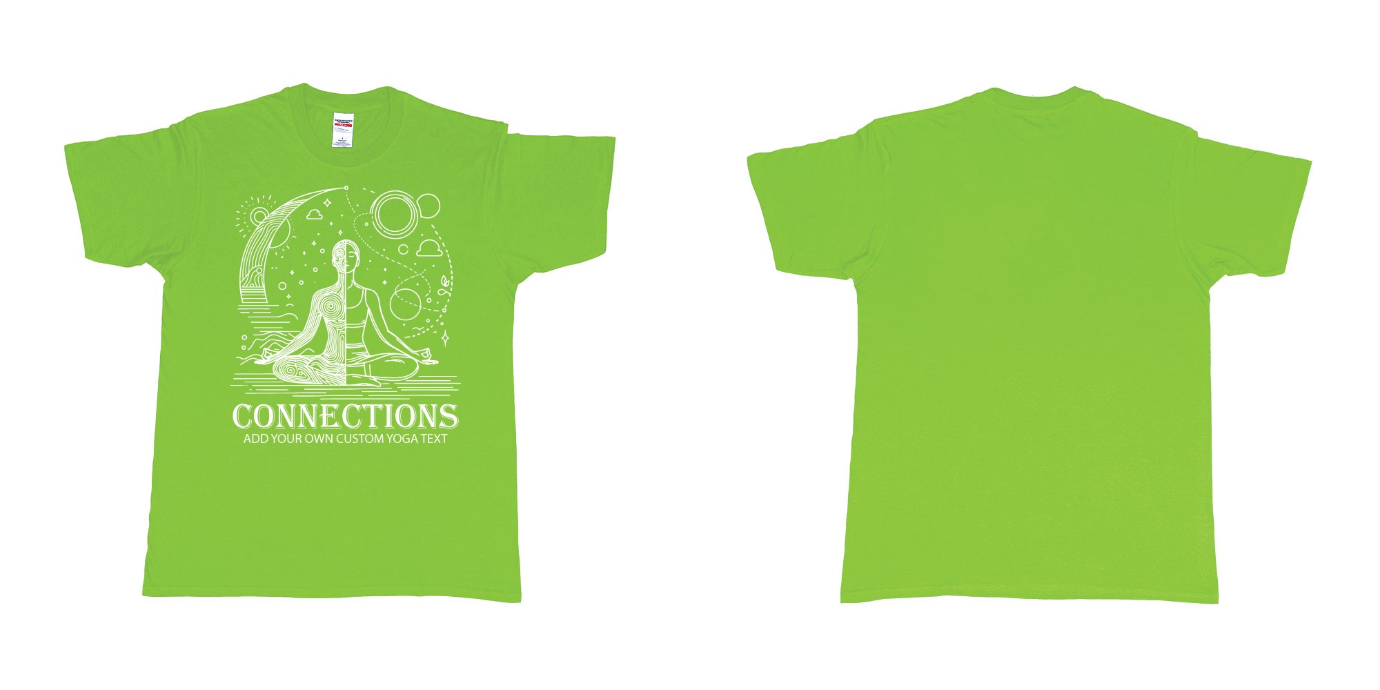 Custom tshirt design yogo connections human moon stars custom bali tshirt printing in fabric color lime choice your own text made in Bali by The Pirate Way