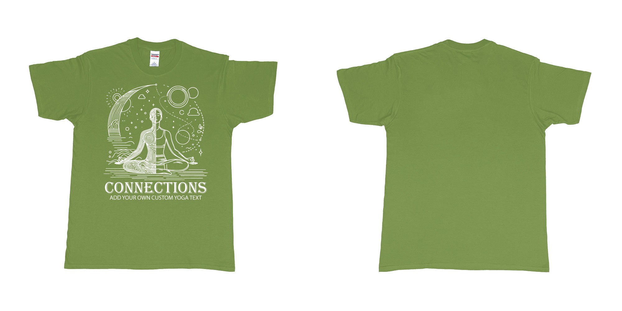 Custom tshirt design yogo connections human moon stars custom bali tshirt printing in fabric color military-green choice your own text made in Bali by The Pirate Way