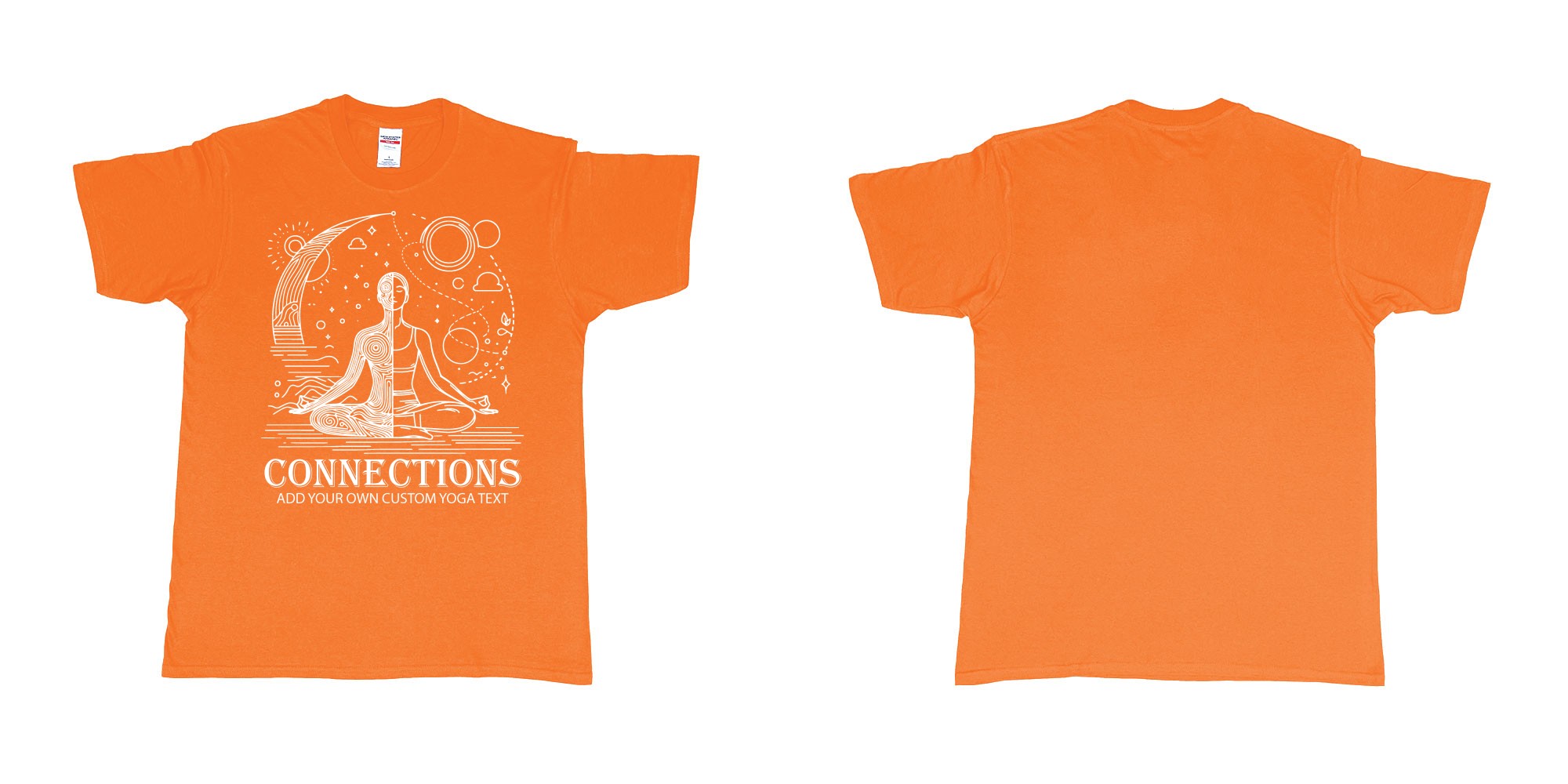 Custom tshirt design yogo connections human moon stars custom bali tshirt printing in fabric color orange choice your own text made in Bali by The Pirate Way