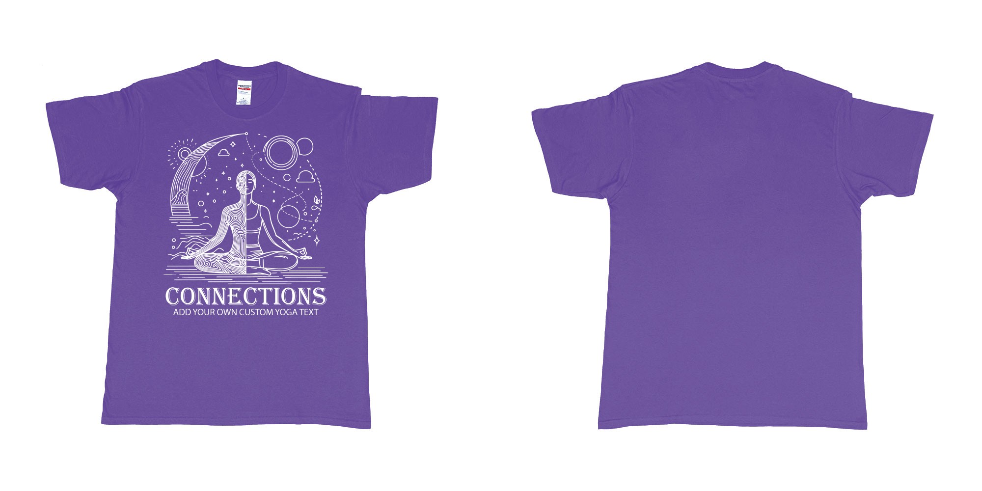 Custom tshirt design yogo connections human moon stars custom bali tshirt printing in fabric color purple choice your own text made in Bali by The Pirate Way