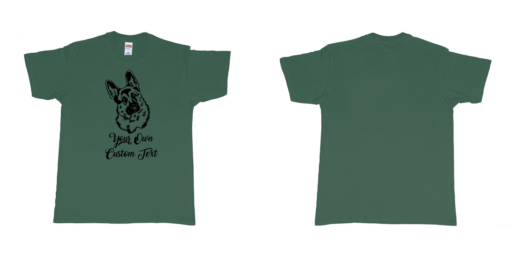 Custom tshirt design zack german shepherd tilts its head your own custom text in fabric color forest-green choice your own text made in Bali by The Pirate Way