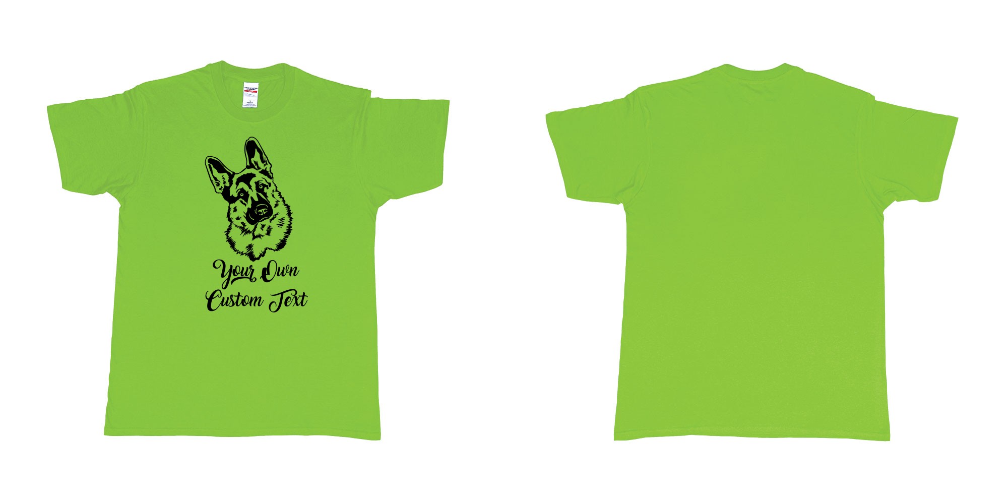 Custom tshirt design zack german shepherd tilts its head your own custom text in fabric color lime choice your own text made in Bali by The Pirate Way