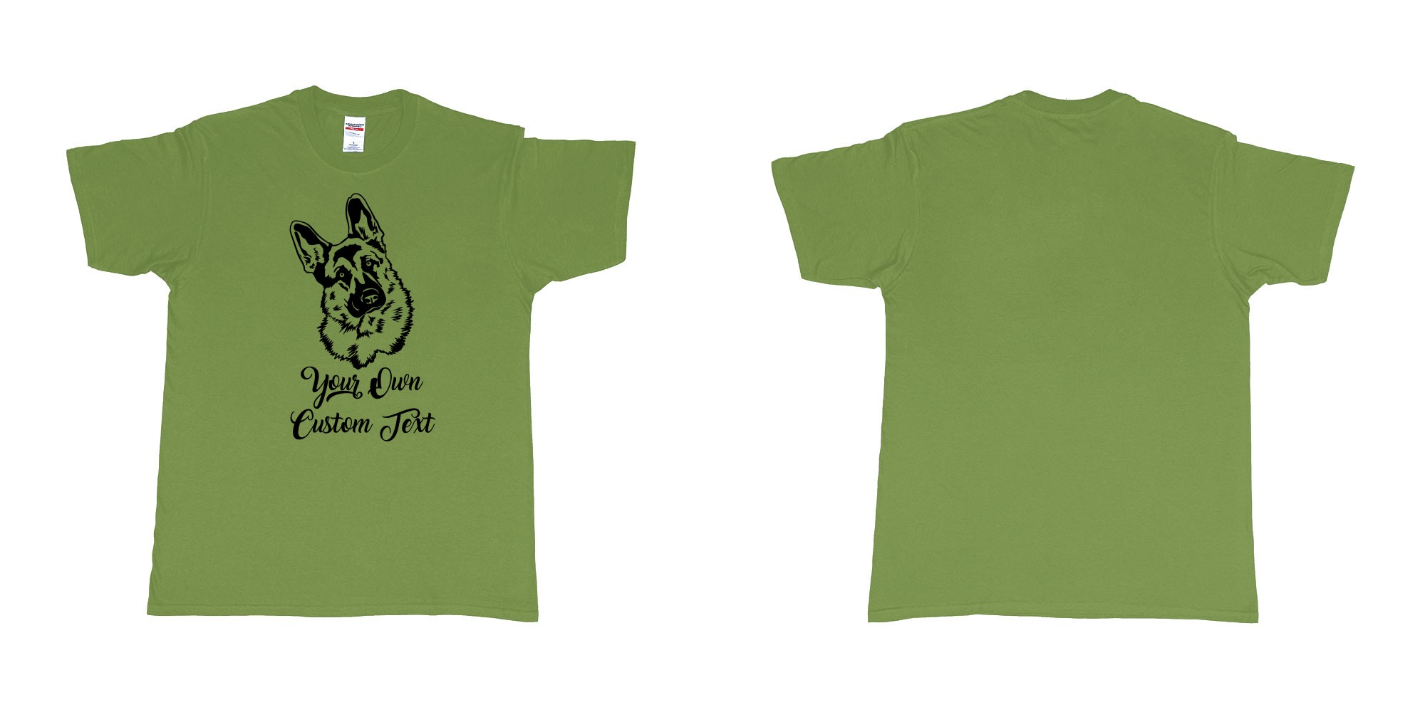 Custom tshirt design zack german shepherd tilts its head your own custom text in fabric color military-green choice your own text made in Bali by The Pirate Way