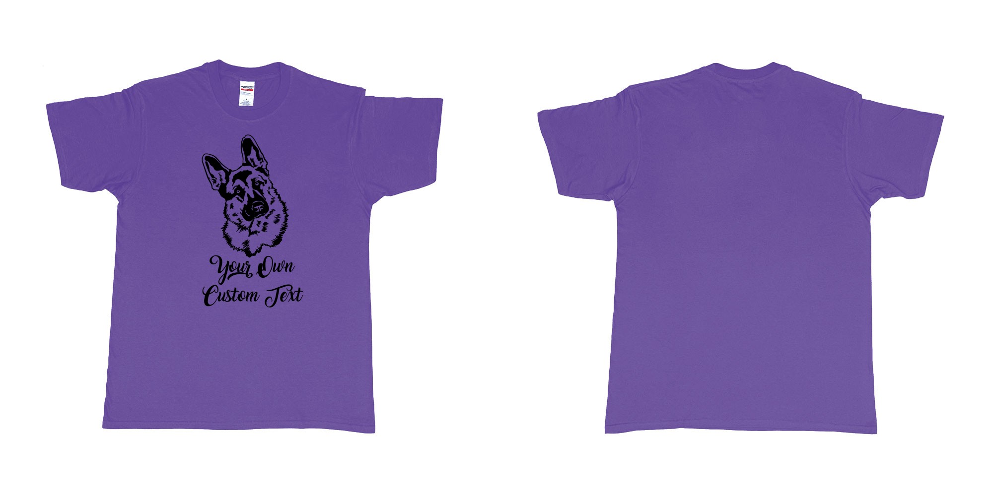 Custom tshirt design zack german shepherd tilts its head your own custom text in fabric color purple choice your own text made in Bali by The Pirate Way