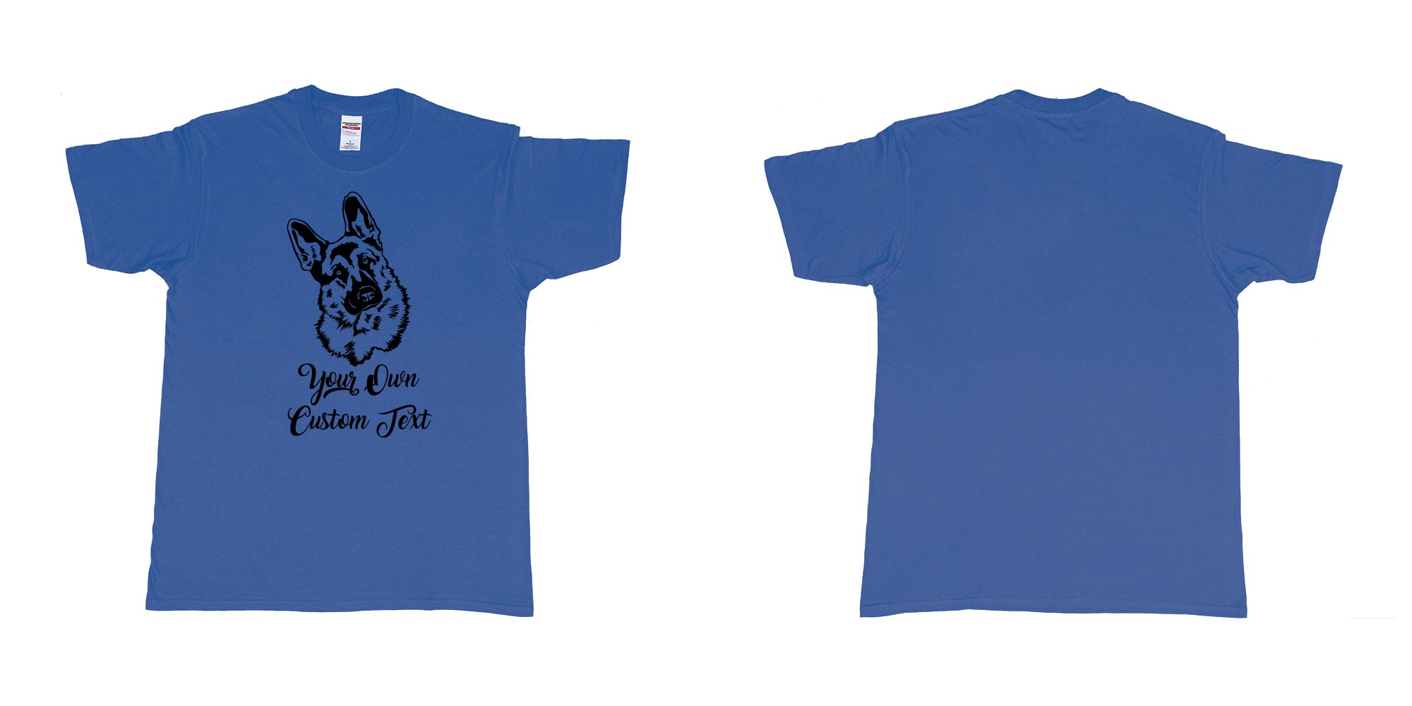 Custom tshirt design zack german shepherd tilts its head your own custom text in fabric color royal-blue choice your own text made in Bali by The Pirate Way