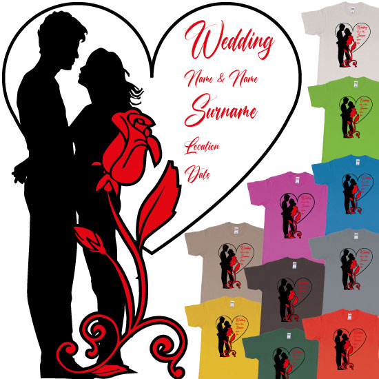 Wedding Couple Silhouette Hugging Red Rose Heart with Custom Text Teeshirt Printing Bali