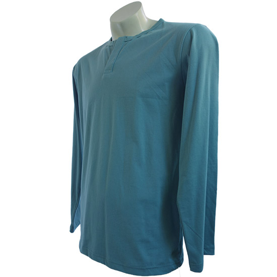 (T32S) Long Sleeve Style Henley shirt - This henley shirt is a collarless mens pullover long sleeve shirt, characterized by a 10-centimetre-long placket beneath the round neckline. It essentially resembles a collarless polo shirt. Its also available in a short sleeves (T17S) Henley shirt, and it can be made in almost any fabric. A classic henley should have buttons even ours standard one dont come with buttons, its possible to add 2 to 5 buttons. They were so named because this particular style of shirt was the traditional uniform of rowers in the English town of Henley-on-Thames. Some crews still use this style as part of their uniform. Originally quite popular in the early 1970s, Henley shirts have recently made a fashion comeback, especially in Western countries. - style shirt ready for your own custom printing in Bali