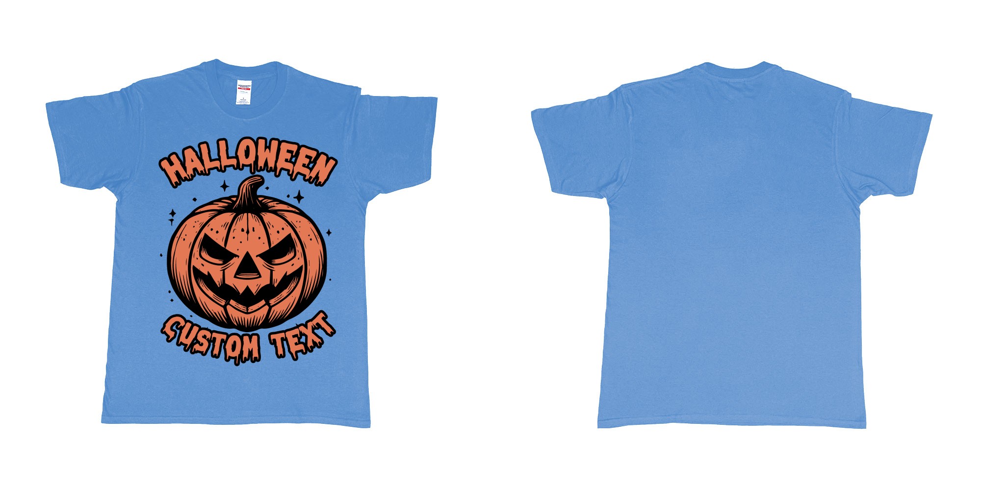 Custom tshirt design halloween pumpkin scary custom own text bali in fabric color carolina-blue choice your own text made in Bali by The Pirate Way