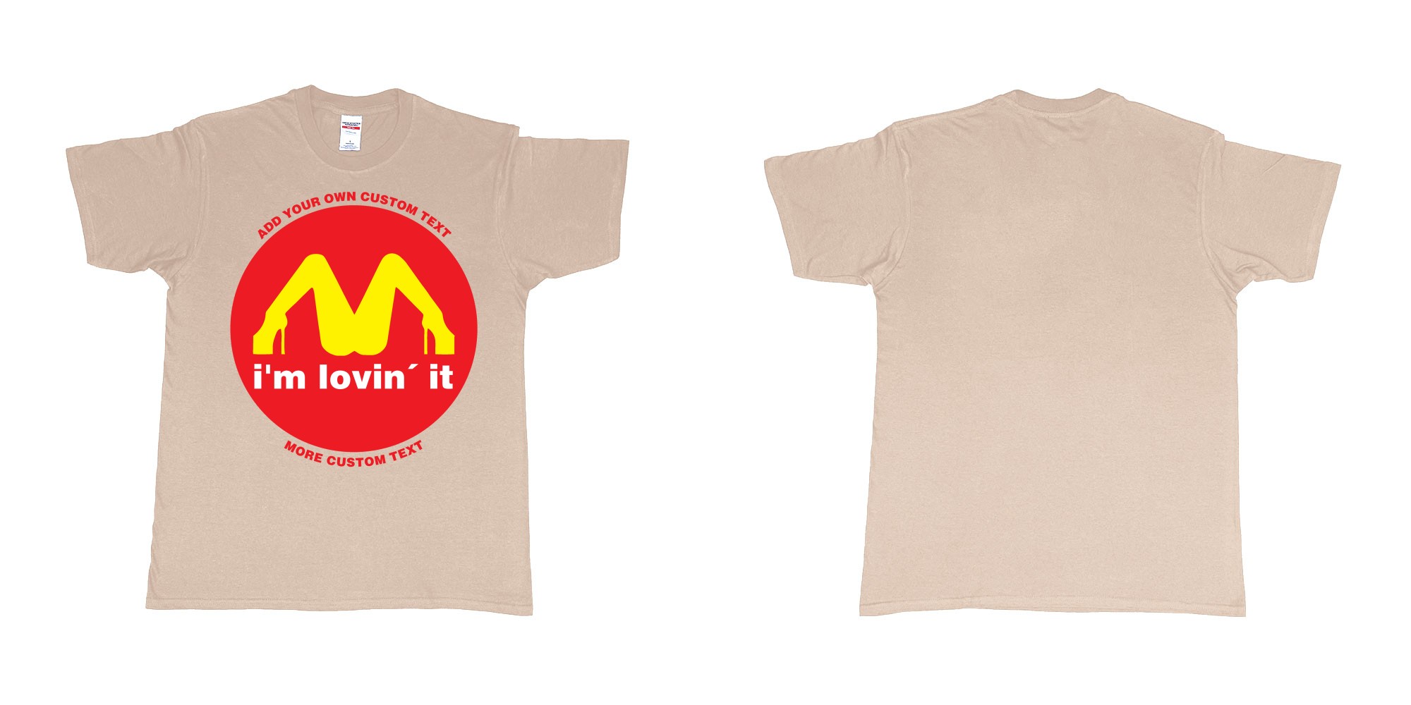 Custom tshirt design mcdonalds im lovin it custom text in fabric color sand choice your own text made in Bali by The Pirate Way