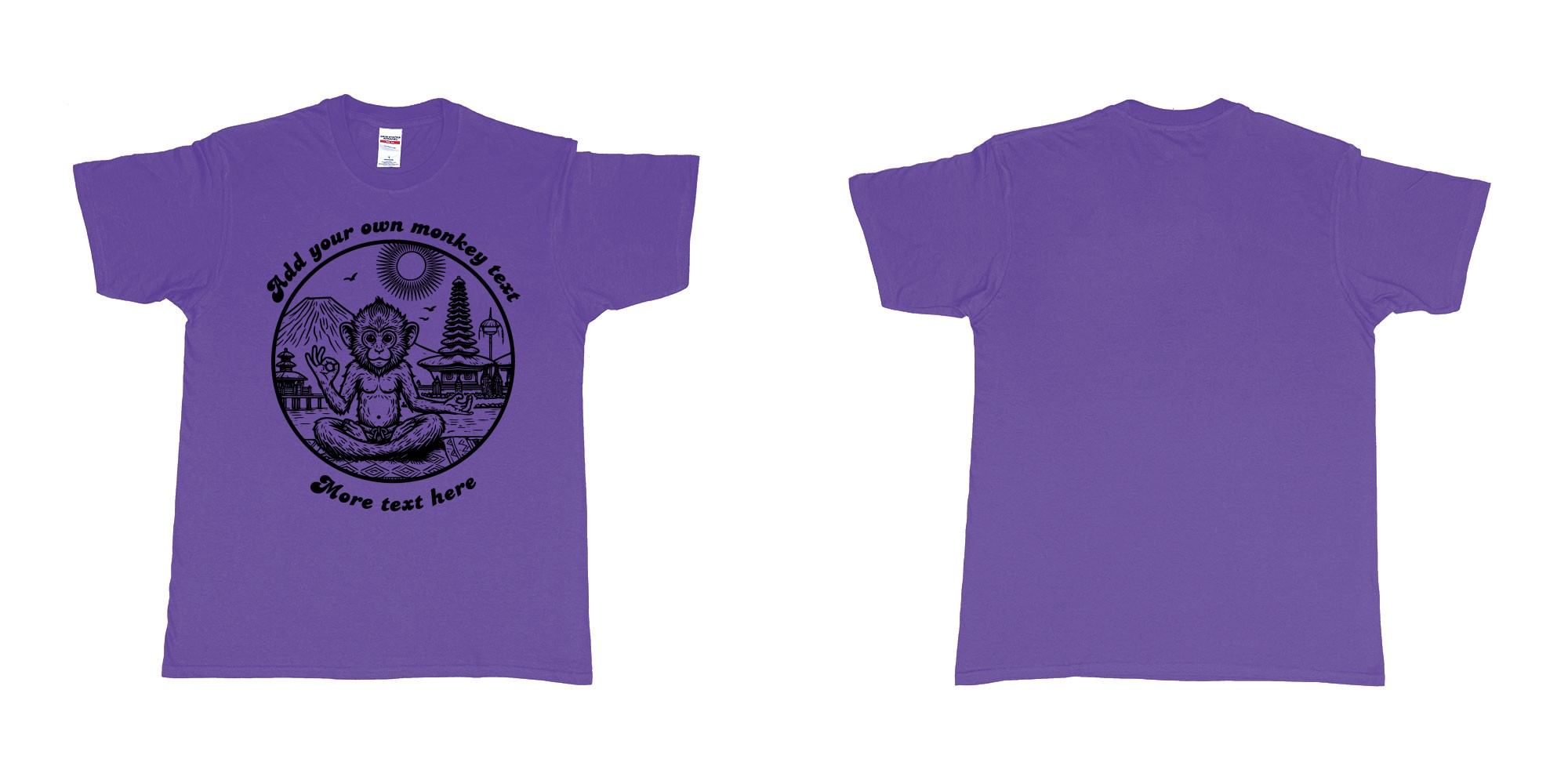 Custom tshirt design monkey yoga bali drawing design ubud custom text in fabric color purple choice your own text made in Bali by The Pirate Way