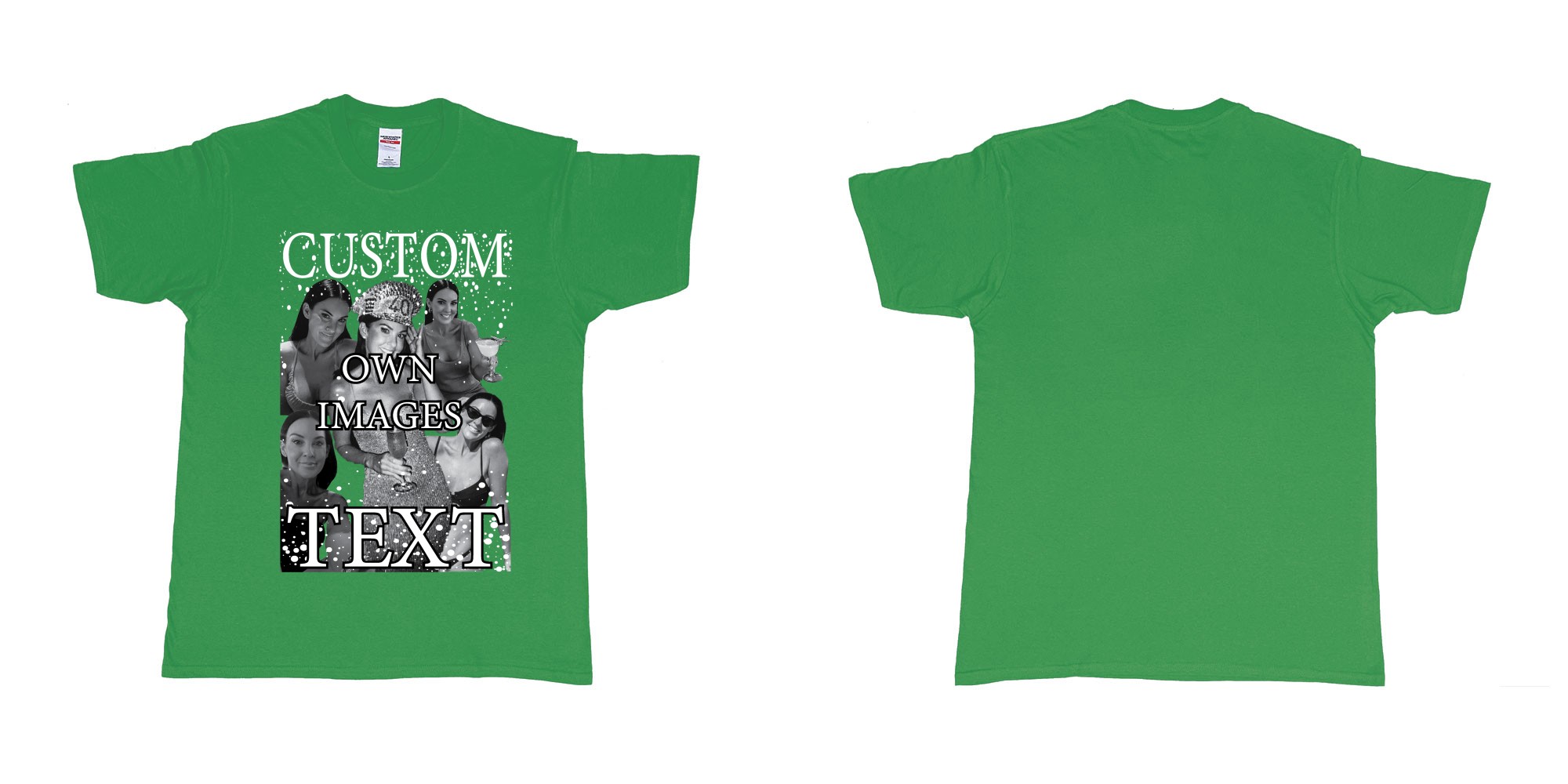 Custom tshirt design photo collage bootleg personalised photos text design black white in fabric color irish-green choice your own text made in Bali by The Pirate Way