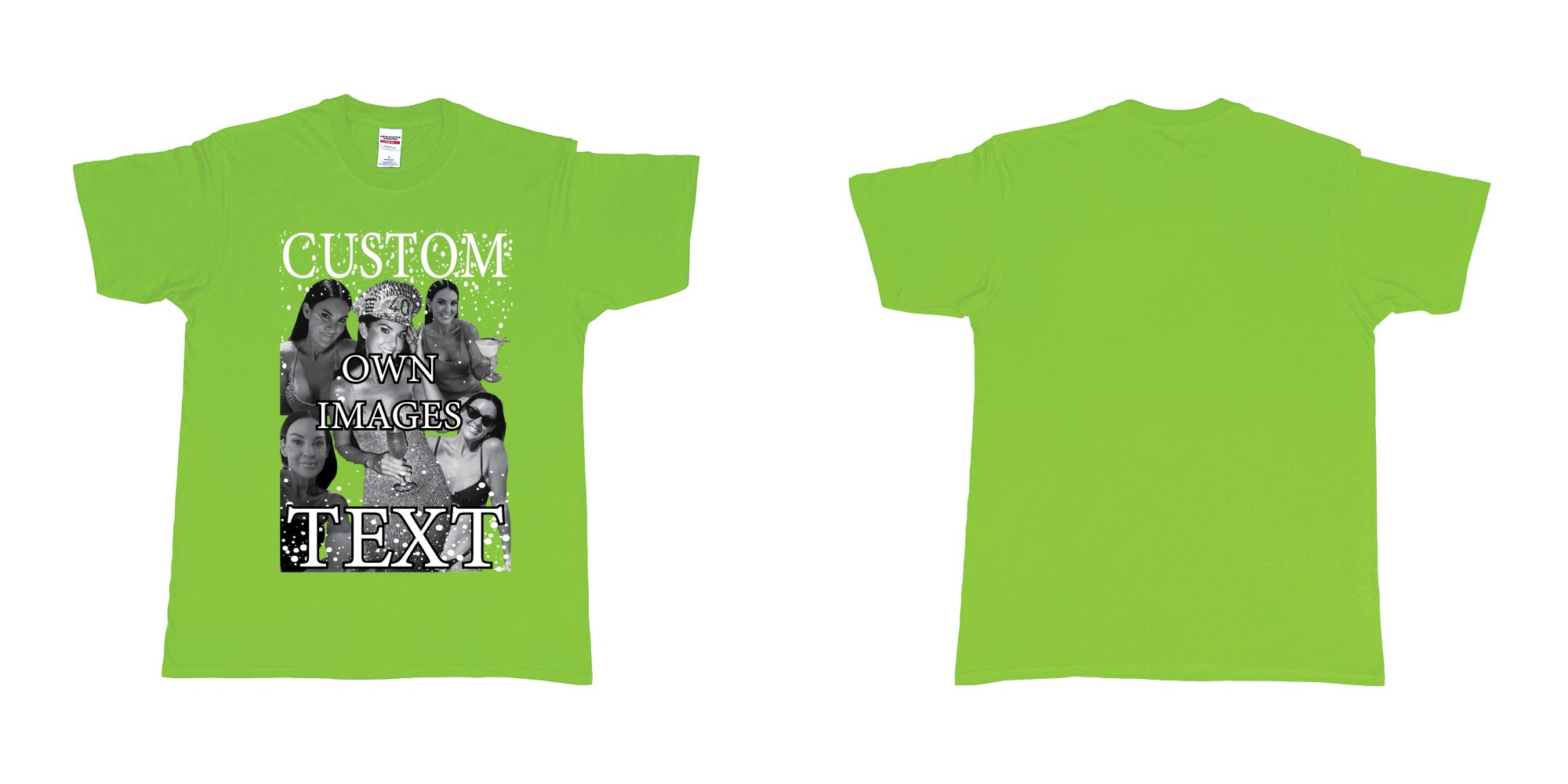 Custom tshirt design photo collage bootleg personalised photos text design black white in fabric color lime choice your own text made in Bali by The Pirate Way