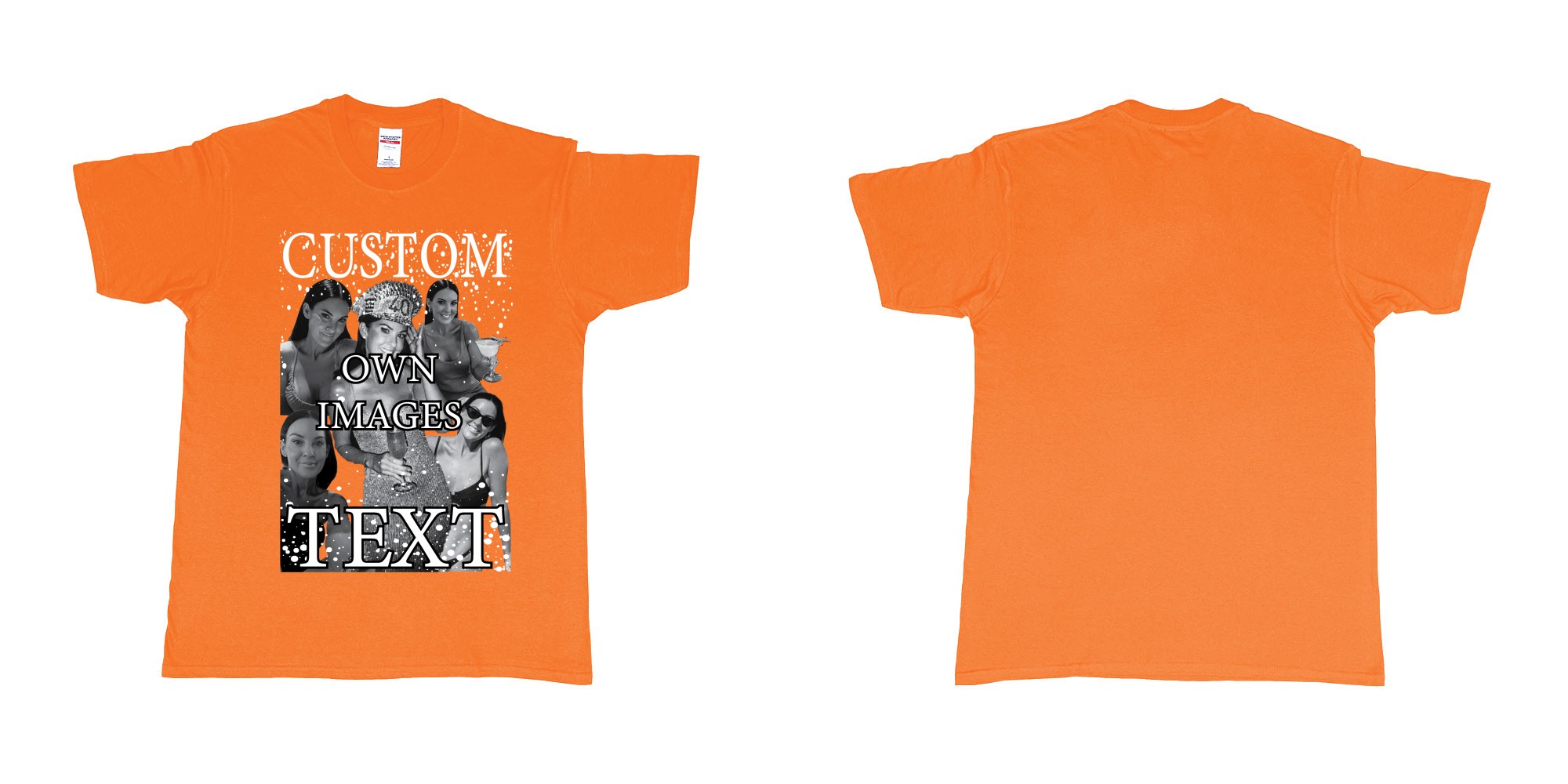 Custom tshirt design photo collage bootleg personalised photos text design black white in fabric color orange choice your own text made in Bali by The Pirate Way