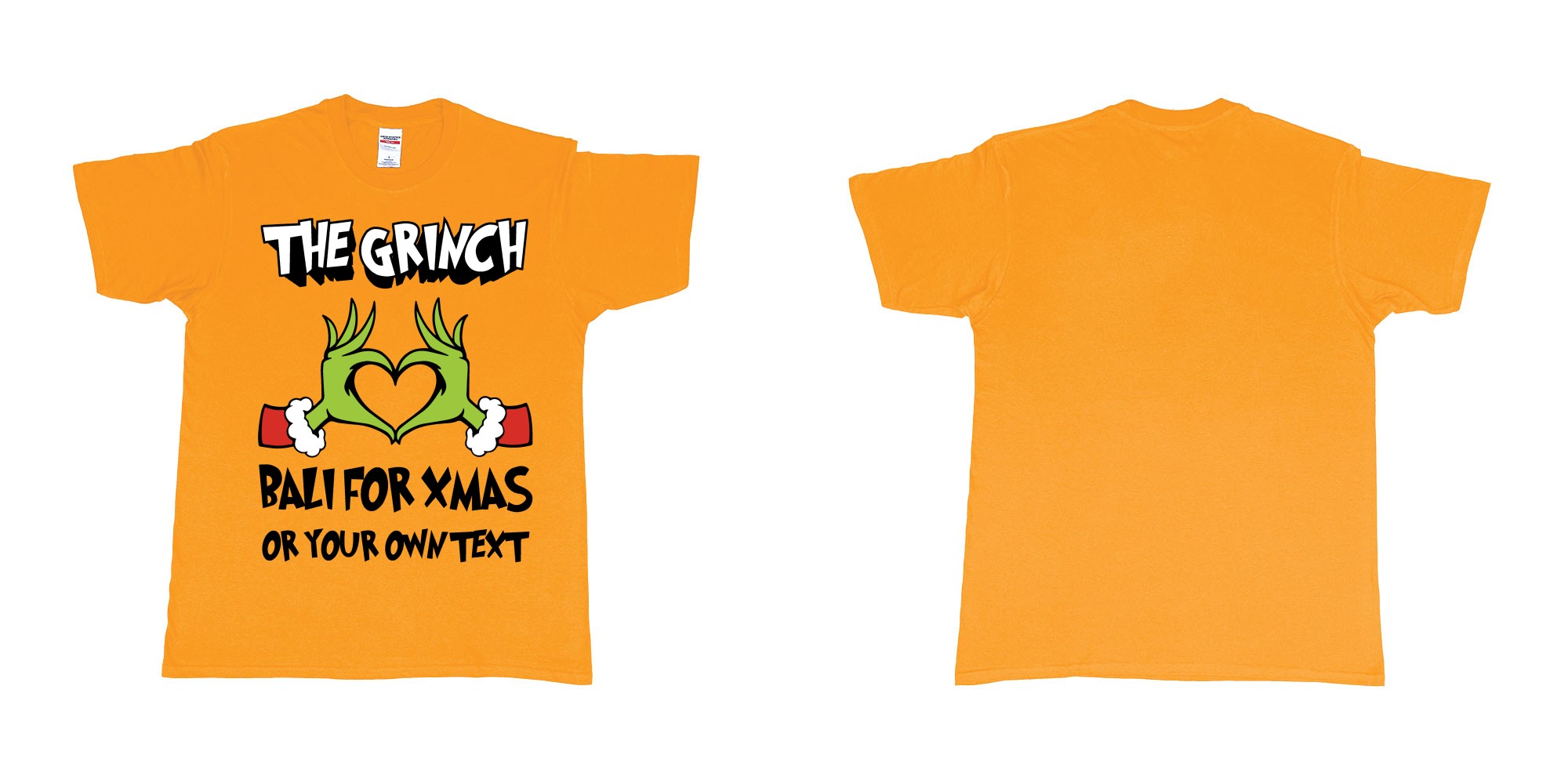 Custom tshirt design the grinch loves bali for xmas tshirt in fabric color gold choice your own text made in Bali by The Pirate Way