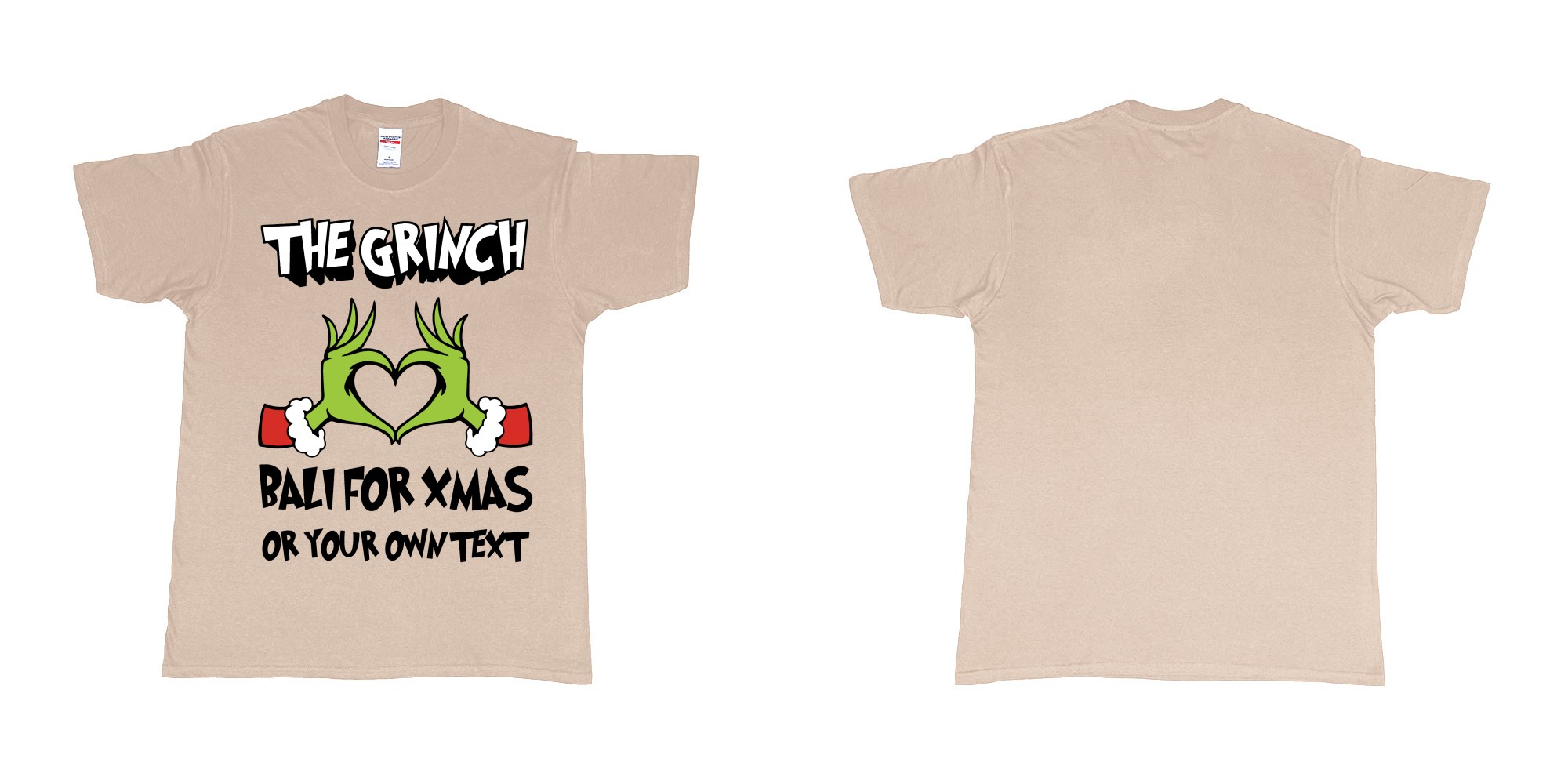 Custom tshirt design the grinch loves bali for xmas tshirt in fabric color sand choice your own text made in Bali by The Pirate Way