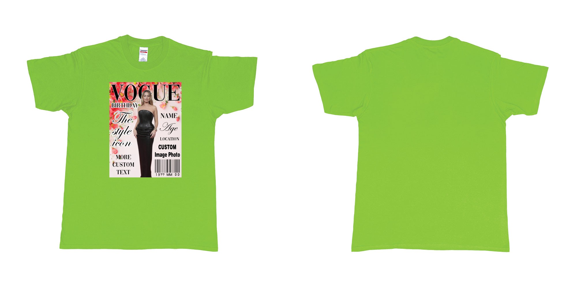 Custom tshirt design vogue custom image photo text flowers magazine cover in fabric color lime choice your own text made in Bali by The Pirate Way