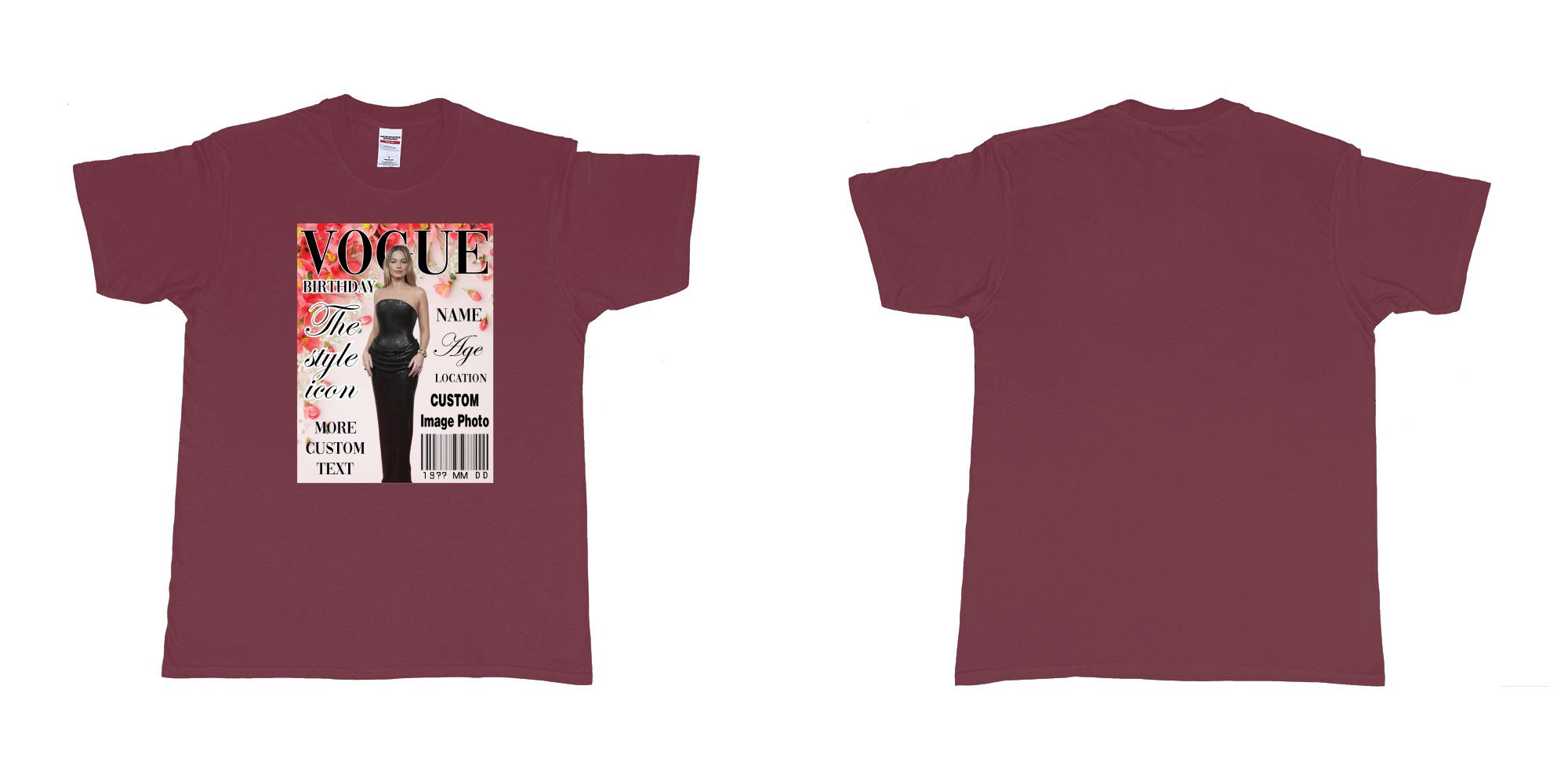 Custom tshirt design vogue custom image photo text flowers magazine cover in fabric color marron choice your own text made in Bali by The Pirate Way