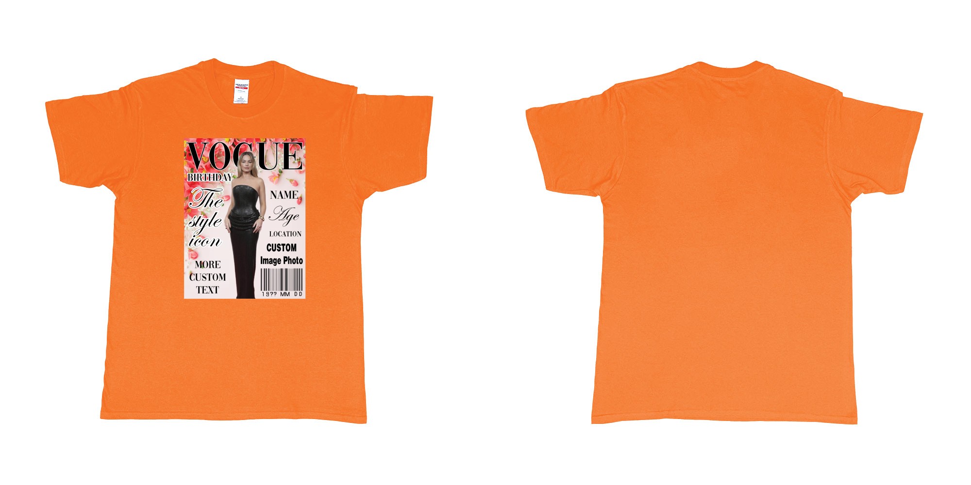 Custom tshirt design vogue custom image photo text flowers magazine cover in fabric color orange choice your own text made in Bali by The Pirate Way