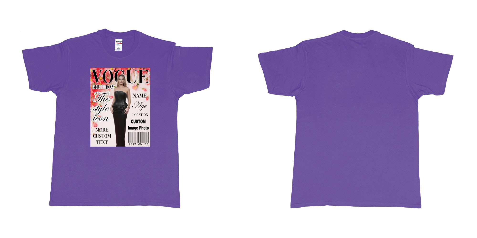 Custom tshirt design vogue custom image photo text flowers magazine cover in fabric color purple choice your own text made in Bali by The Pirate Way